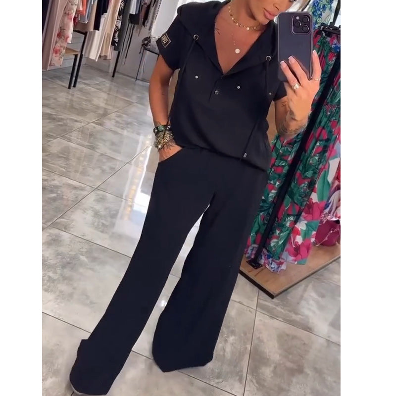 Hooded Two-Piece Set V-Neck Short Sleeve Tops And Pants