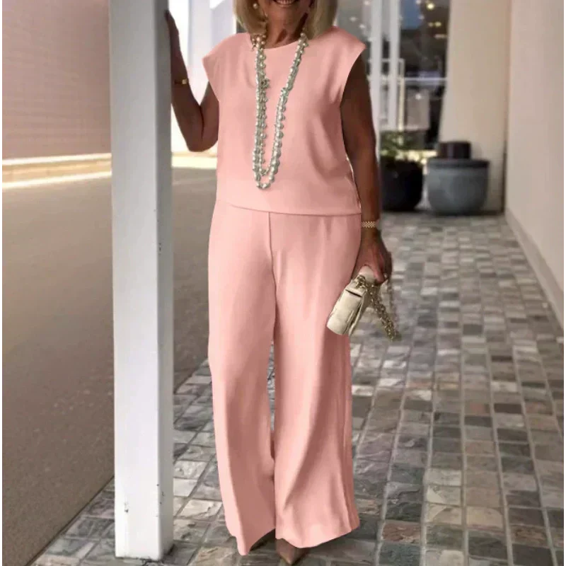 Women's Sleeveless Top And Pants Set Crew Neck Stylish Outfit