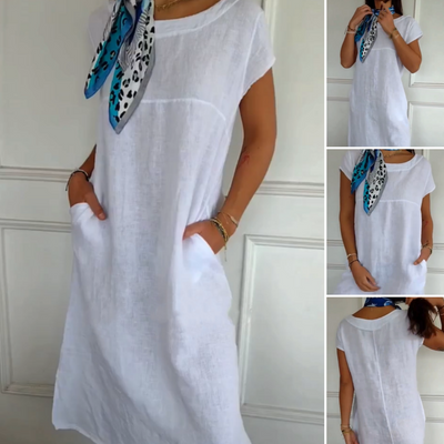 Women's Cotton Linen Dress Round Neck Short Sleeve Summer Style