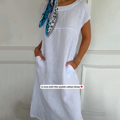 Women's Cotton Linen Dress Round Neck Short Sleeve Summer Style