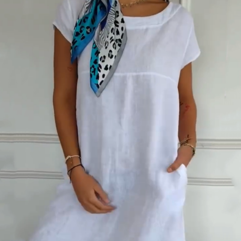 Women's Cotton Linen Dress Round Neck Short Sleeve Summer Style