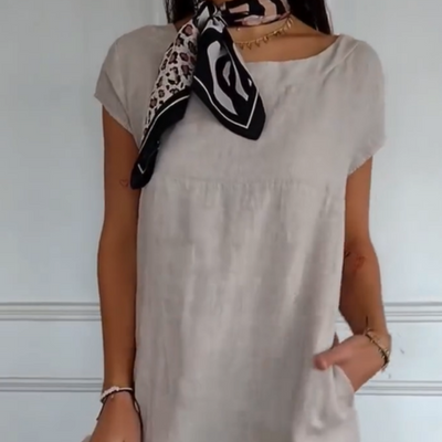 Women's Cotton Linen Dress Round Neck Short Sleeve Summer Style