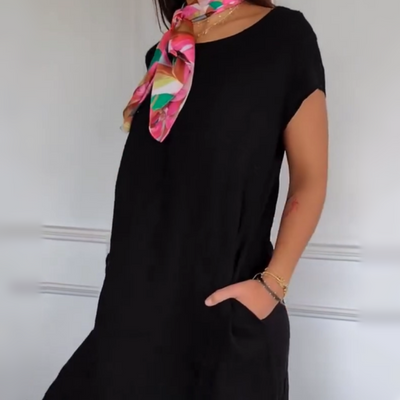 Women's Cotton Linen Dress Round Neck Short Sleeve Summer Style