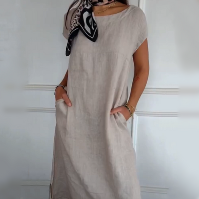 Women's Cotton Linen Dress Round Neck Short Sleeve Summer Style