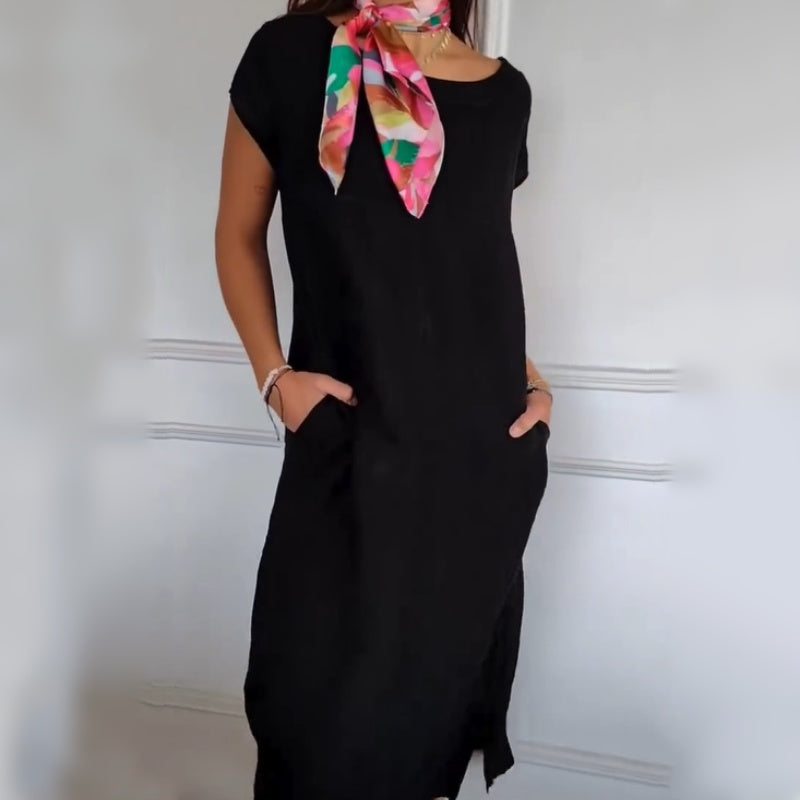 Women's Cotton Linen Dress Round Neck Short Sleeve Summer Style
