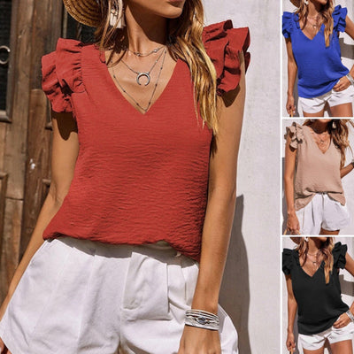 V-Neck Ruffle Sleeveless Top Stretchy Lightweight Summer Shirt