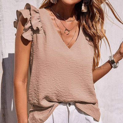 V-Neck Ruffle Sleeveless Top Stretchy Lightweight Summer Shirt