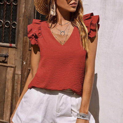 V-Neck Ruffle Sleeveless Top Stretchy Lightweight Summer Shirt