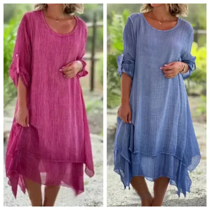 Women's Loose Fit Dress Solid Color Round Neck Elegant Design