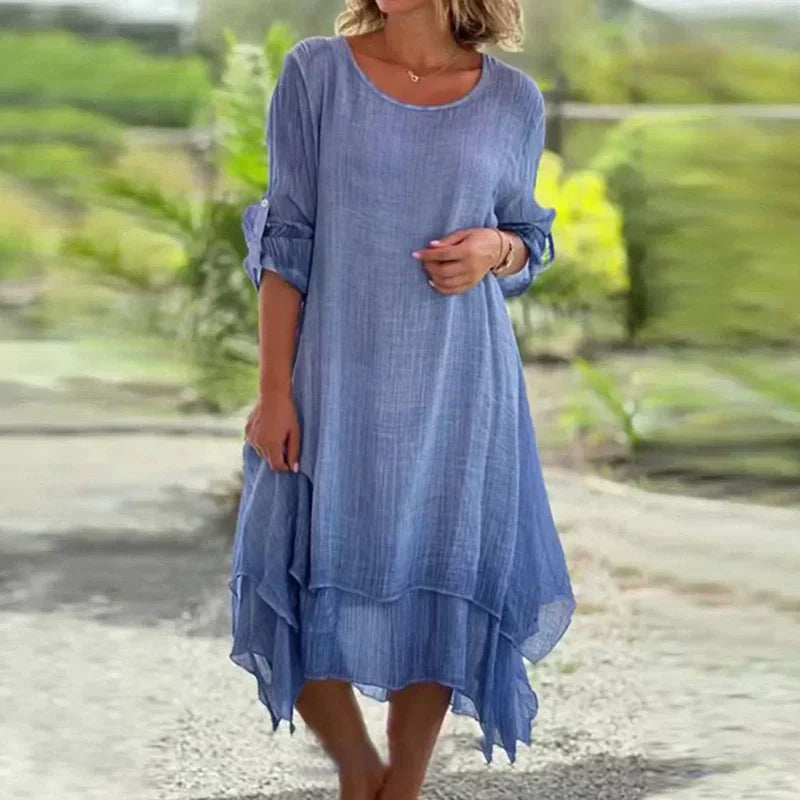 Women's Loose Fit Dress Solid Color Round Neck Elegant Design