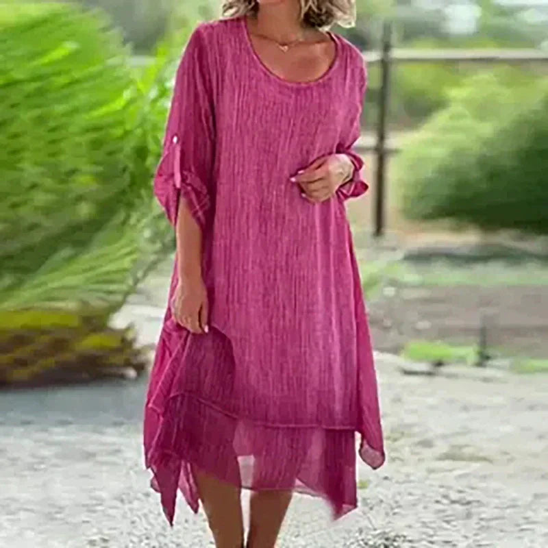 Women's Loose Fit Dress Solid Color Round Neck Elegant Design