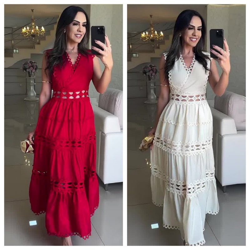 V-Neck Sleeveless Dress Elegant Cut-Out Detail Summer Style