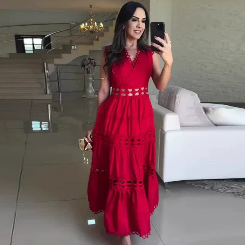 V-Neck Sleeveless Dress Elegant Cut-Out Detail Summer Style
