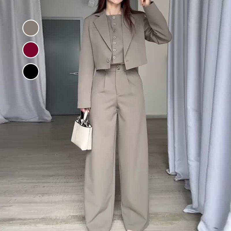 Women's Lapel Cropped Top And High Waist Pants Set Stylish Outfit