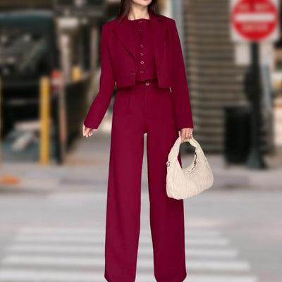 Women's Lapel Cropped Top And High Waist Pants Set Stylish Outfit