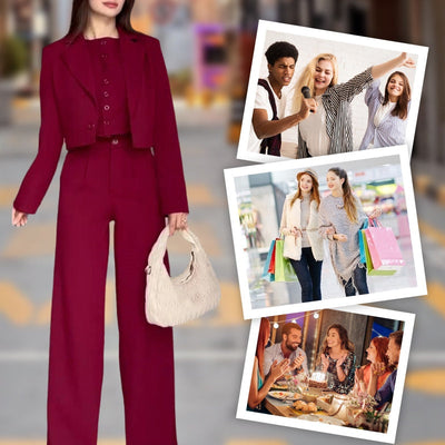 Women's Lapel Cropped Top And High Waist Pants Set Stylish Outfit