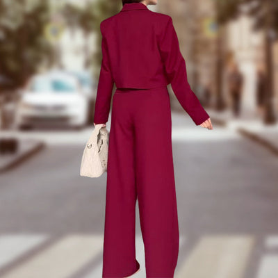 Women's Lapel Cropped Top And High Waist Pants Set Stylish Outfit