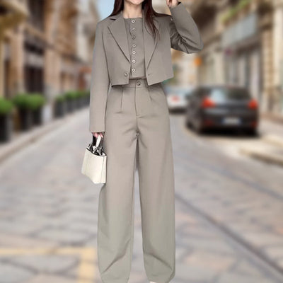 Women's Lapel Cropped Top And High Waist Pants Set Stylish Outfit