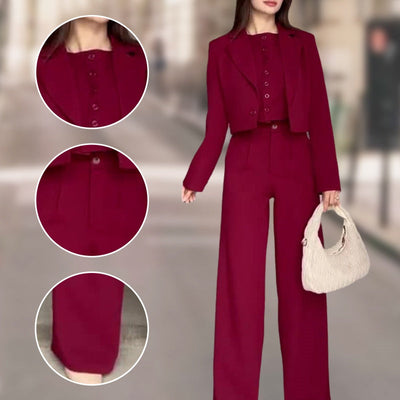 Women's Lapel Cropped Top And High Waist Pants Set Stylish Outfit