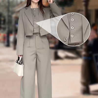 Women's Lapel Cropped Top And High Waist Pants Set Stylish Outfit