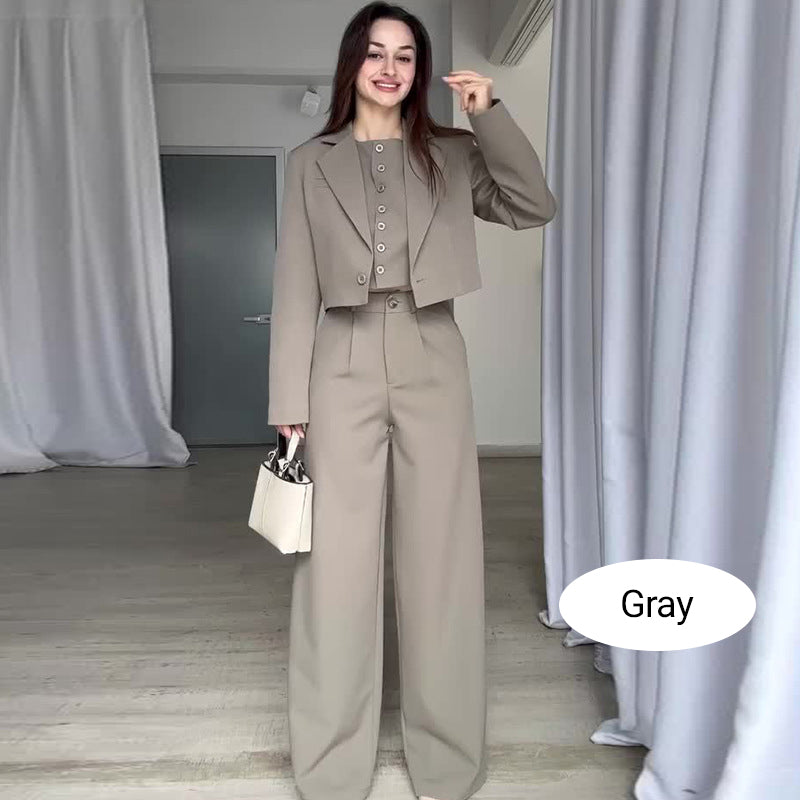 Women's Lapel Cropped Top And High Waist Pants Set Stylish Outfit