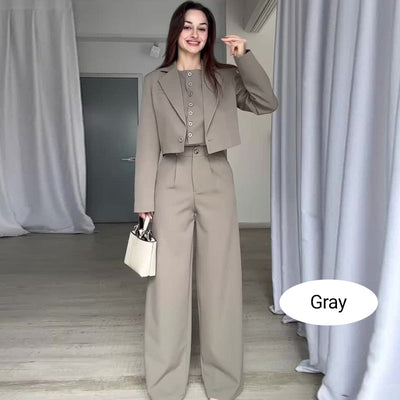 Women's Lapel Cropped Top And High Waist Pants Set Stylish Outfit