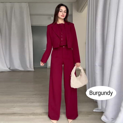 Women's Lapel Cropped Top And High Waist Pants Set Stylish Outfit
