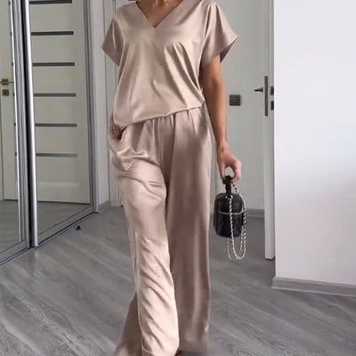 Women's Two-Piece Set Loose V-Neck Short Sleeve Top And Pants
