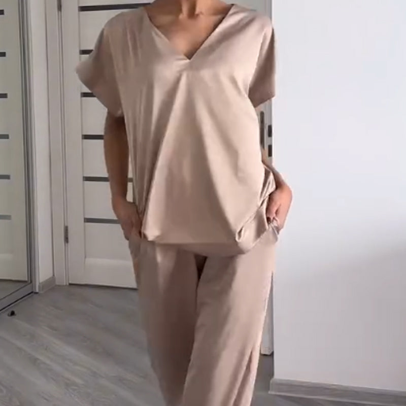 Women's Two-Piece Set Loose V-Neck Short Sleeve Top And Pants