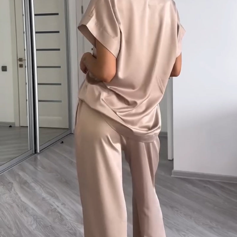 Women's Two-Piece Set Loose V-Neck Short Sleeve Top And Pants