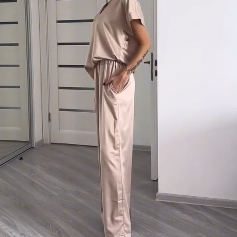 Women's Two-Piece Set Loose V-Neck Short Sleeve Top And Pants