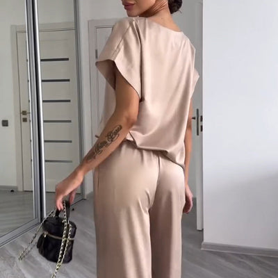 Women's Two-Piece Set Loose V-Neck Short Sleeve Top And Pants