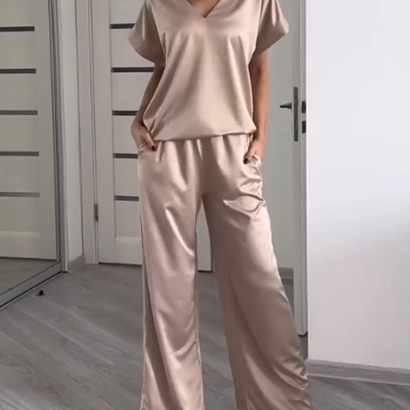 Women's Two-Piece Set Loose V-Neck Short Sleeve Top And Pants