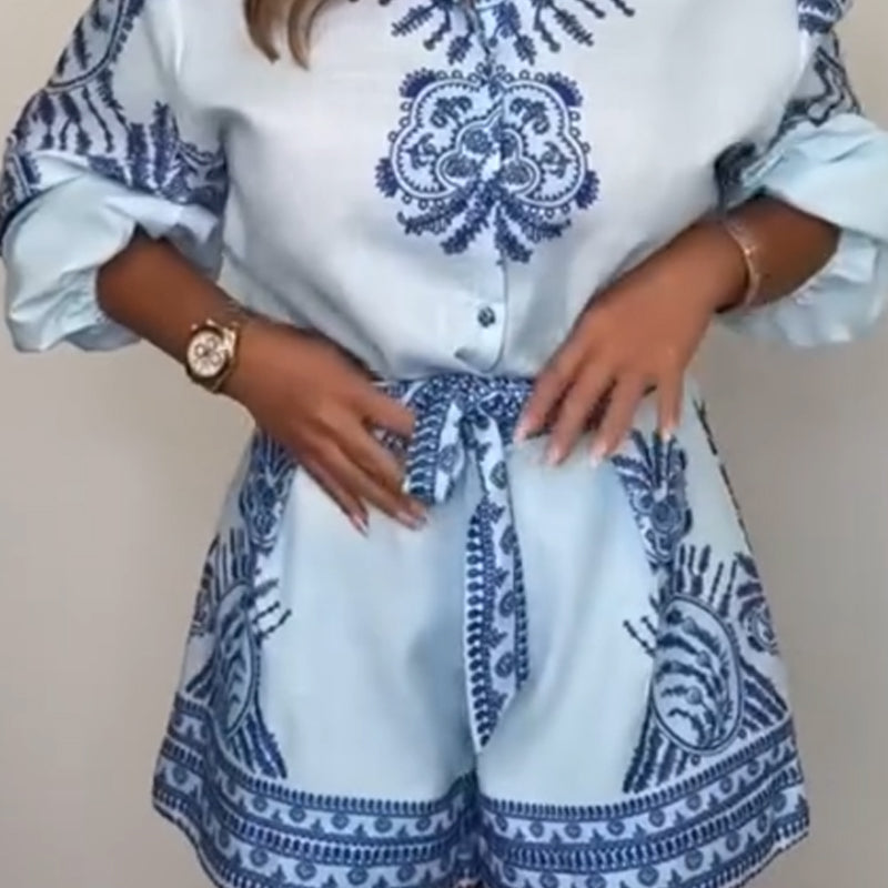 Patterned Tie Waist Shorts Co-ord Button Up Summer Set