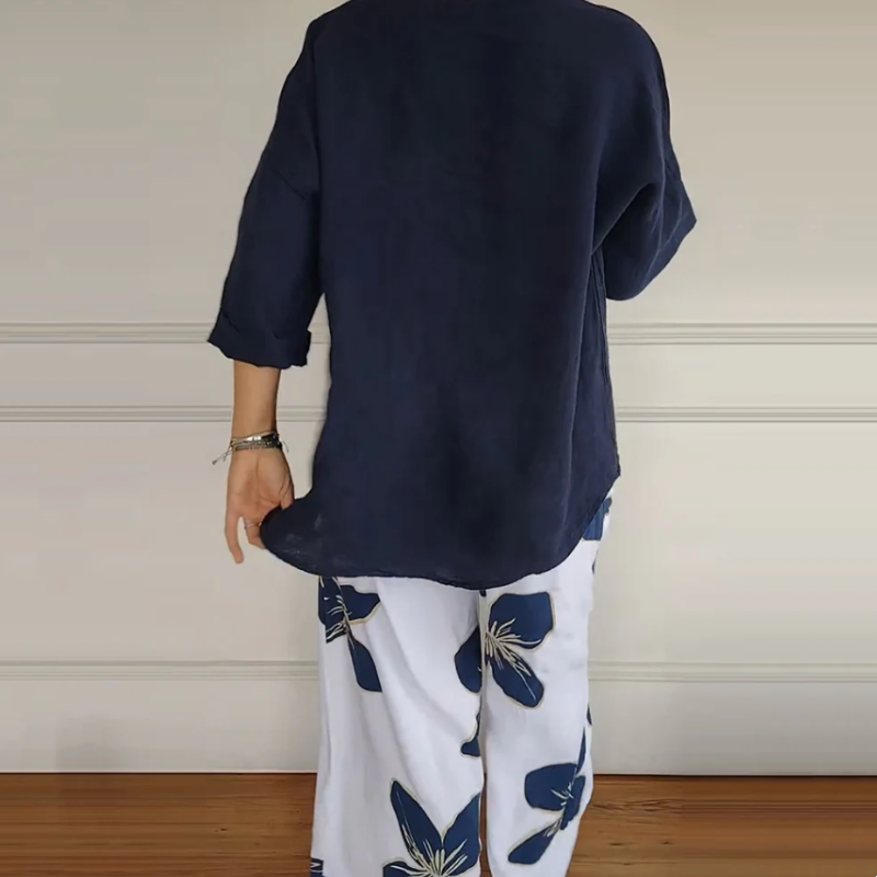 Women's Crew Neck Top And Printed Trousers Set Stylish Fashion