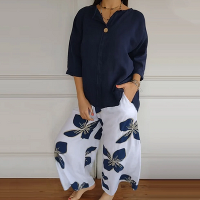 Women's Crew Neck Top And Printed Trousers Set Stylish Fashion