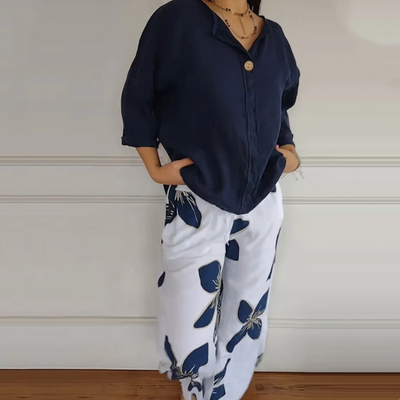 Women's Crew Neck Top And Printed Trousers Set Stylish Fashion