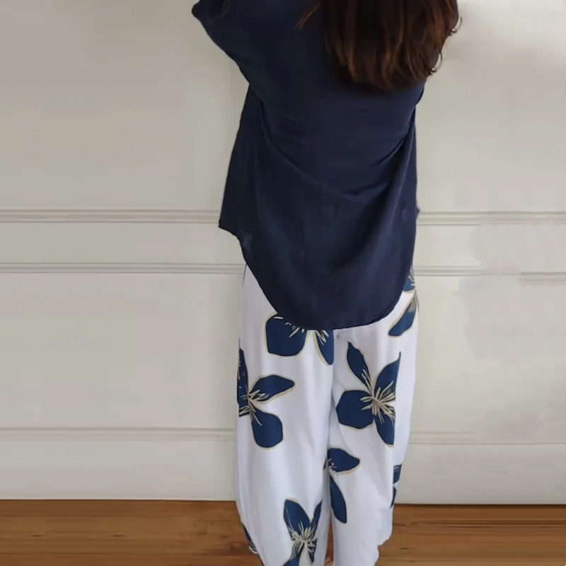 Women's Crew Neck Top And Printed Trousers Set Stylish Fashion