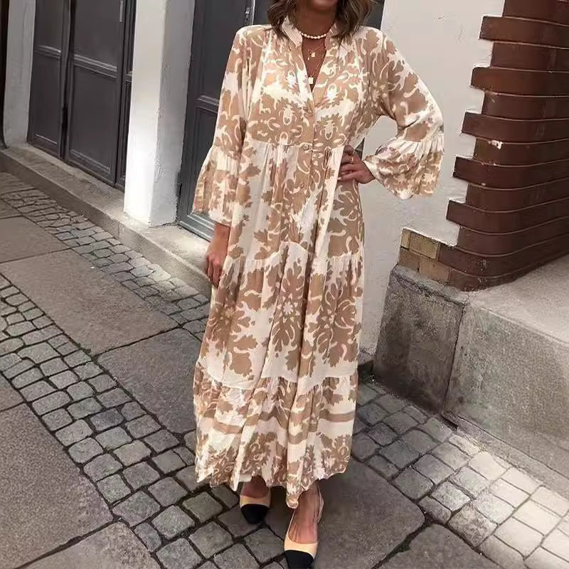 Bohemian Maxi Dress V-Neck Printed Flowy Summer Gown