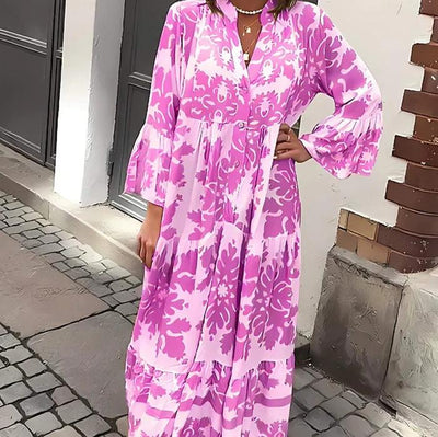 Bohemian Maxi Dress V-Neck Printed Flowy Summer Gown