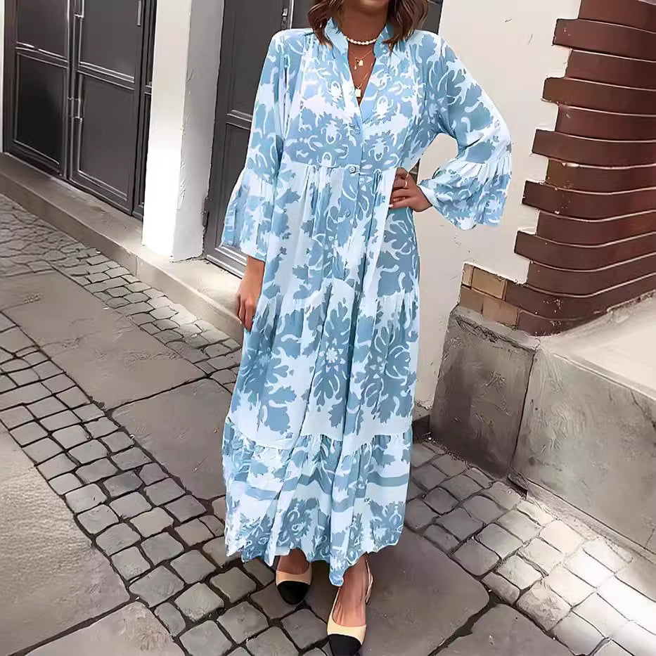Bohemian Maxi Dress V-Neck Printed Flowy Summer Gown