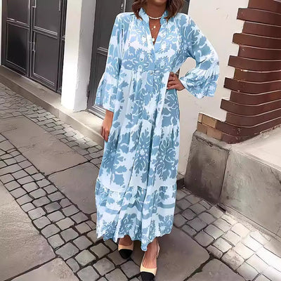 Bohemian Maxi Dress V-Neck Printed Flowy Summer Gown