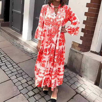 Bohemian Maxi Dress V-Neck Printed Flowy Summer Gown