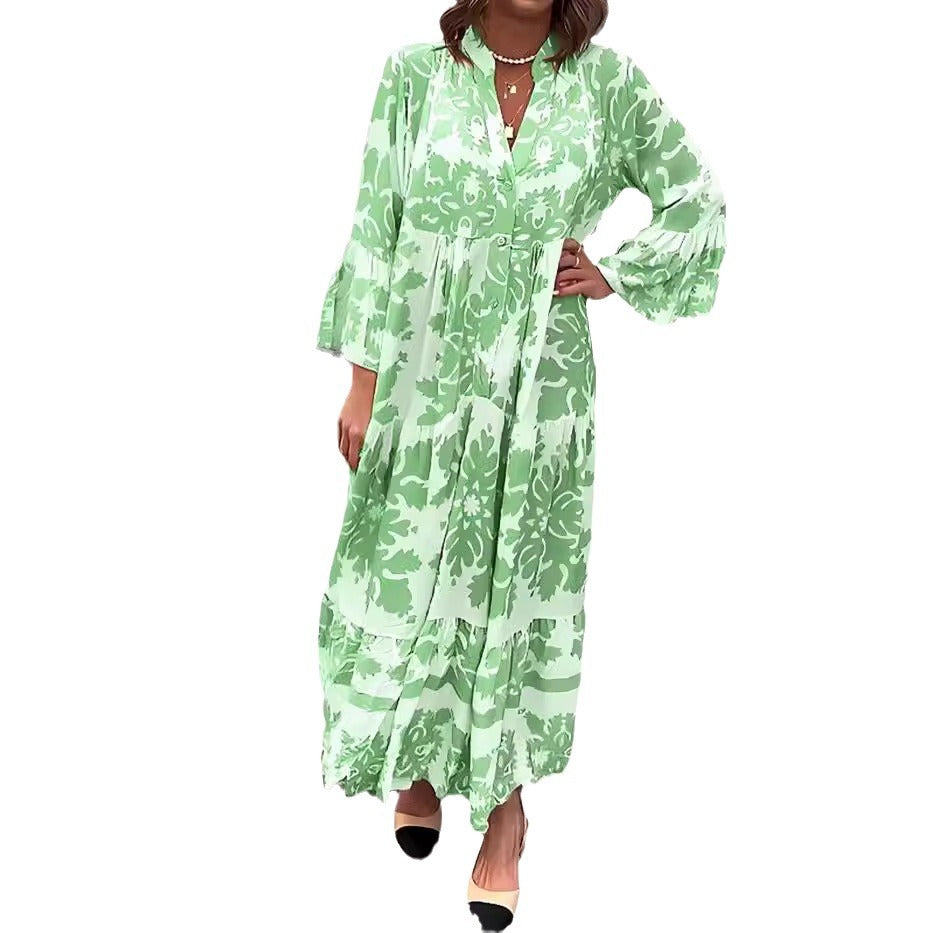 Bohemian Maxi Dress V-Neck Printed Flowy Summer Gown
