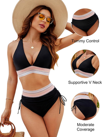 High Waisted Tummy Control Bikini Color Block Two Piece Set