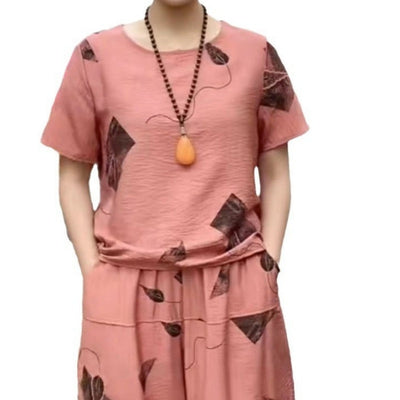 Women's Printed Top And Pants Set Short Sleeve Cropped Style