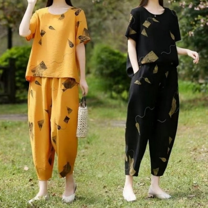Women's Printed Top And Pants Set Short Sleeve Cropped Style