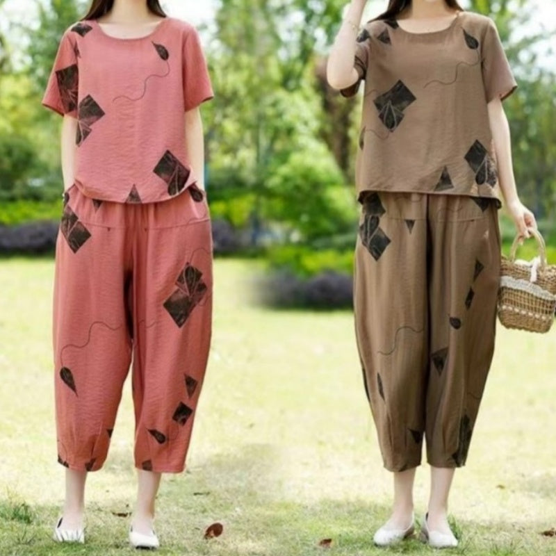Women's Printed Top And Pants Set Short Sleeve Cropped Style