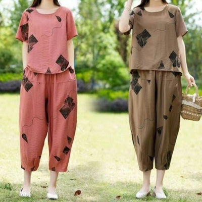 Women's Printed Top And Pants Set Short Sleeve Cropped Style