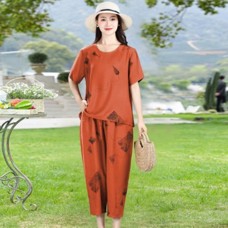 Women's Printed Top And Pants Set Short Sleeve Cropped Style